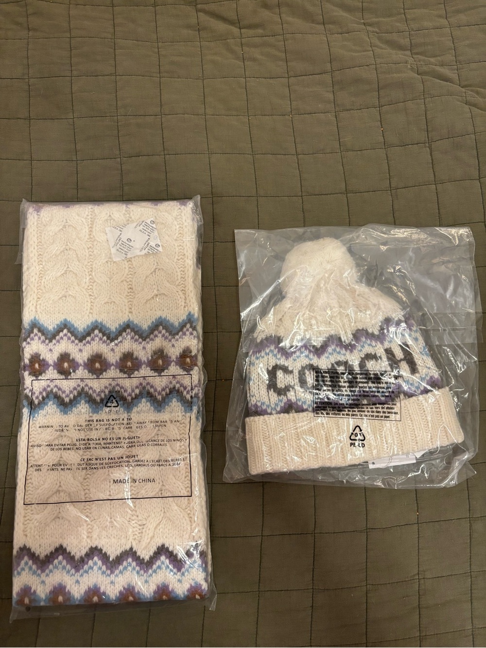 NWT Authentic Coach Fair Isle Chalk Multi Scarf and Hat Set- Rare